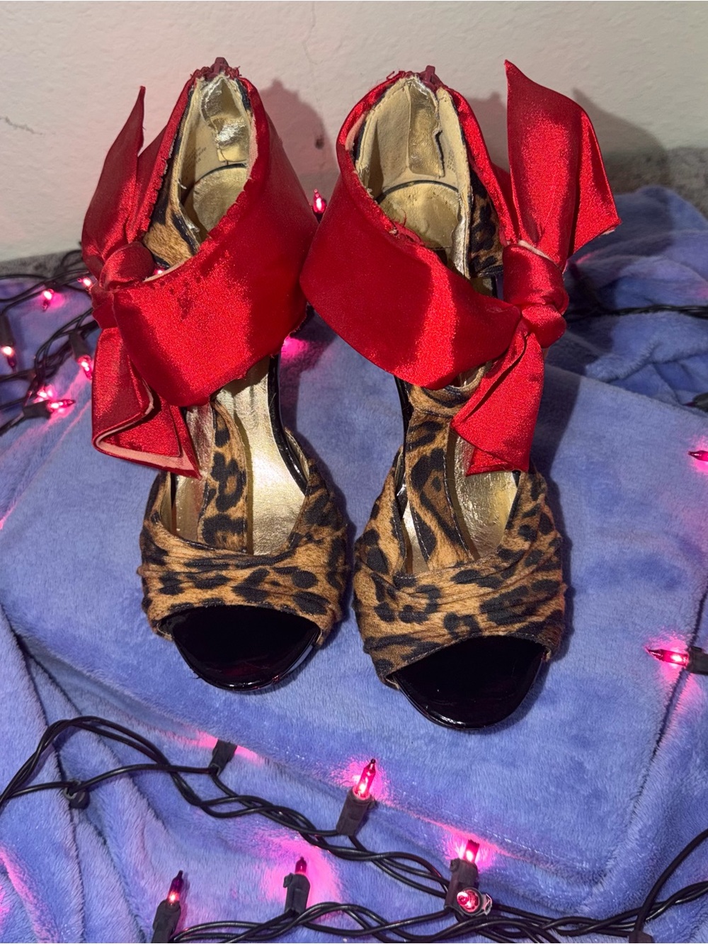 Red Bow Leopard Print Open-Toe Heels